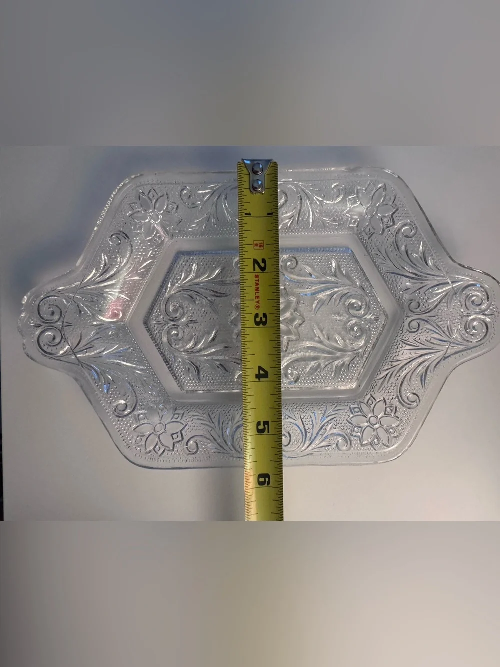 Vintage Decorative Clear Glass Vanity Tray with Intricate Etching Cottagecore